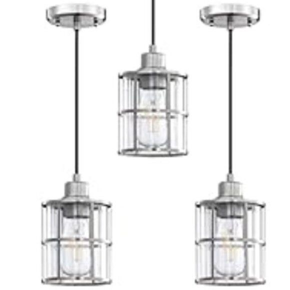 3 Modern Industrial Glass Pendant Lights Brushed Nickel Finish for Kitchen & Bar - Picture 1 of 6